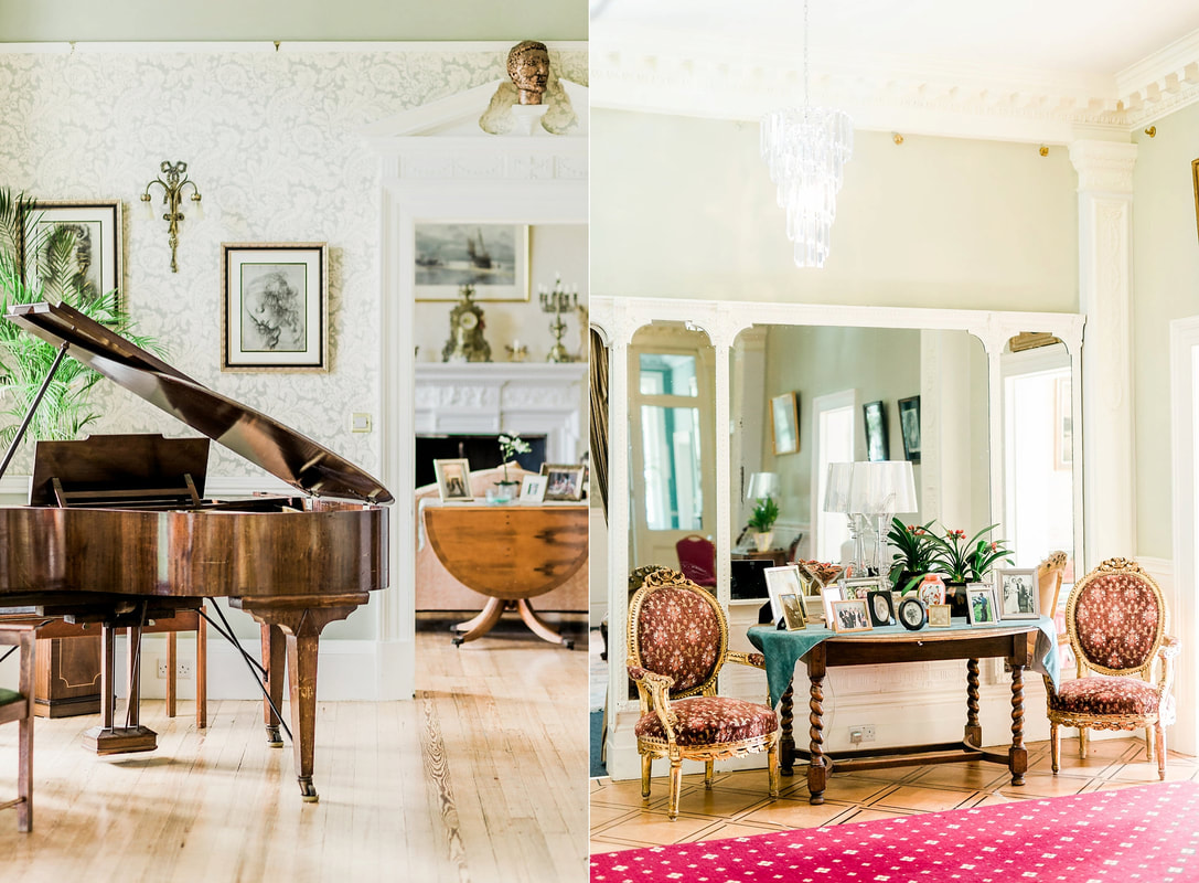 Two images of the drawing room and sitting room at Penton Park, with grand piano, armchairs and photographs