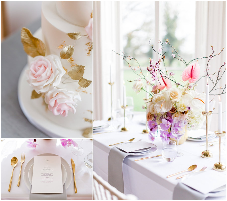 Collage of images showing details of pastel tablescape. Gold cutlery and sculptural flowers
