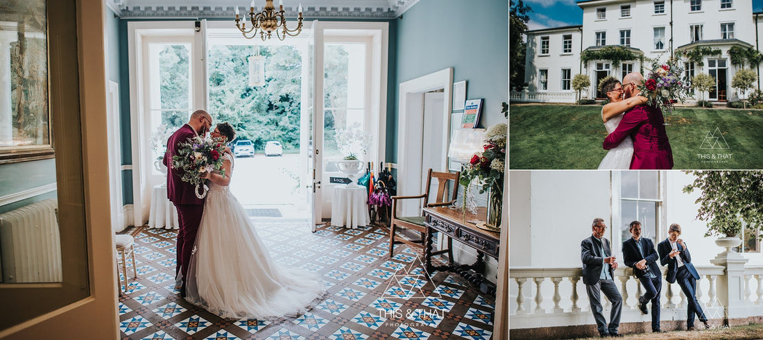 Collage of images of quirky wedding at Penton Park. Bride and groom kiss in the hallway.