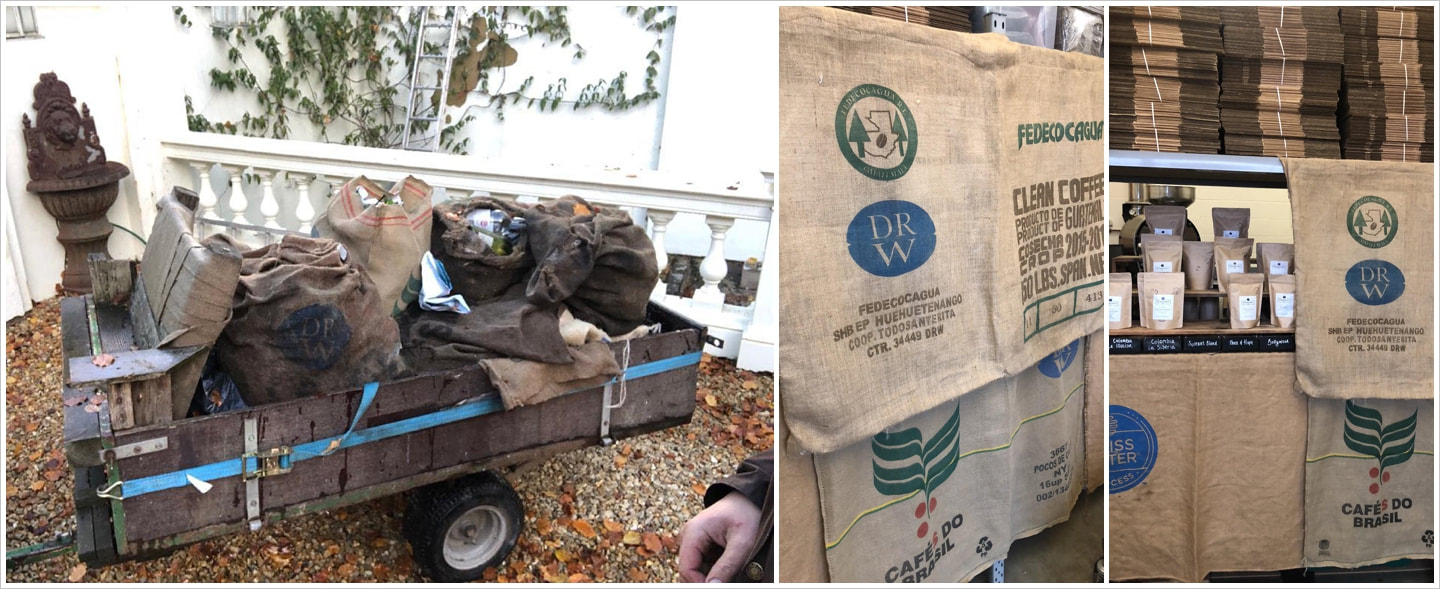 Hessian coffee sacks used as waste bags at Penton Park
