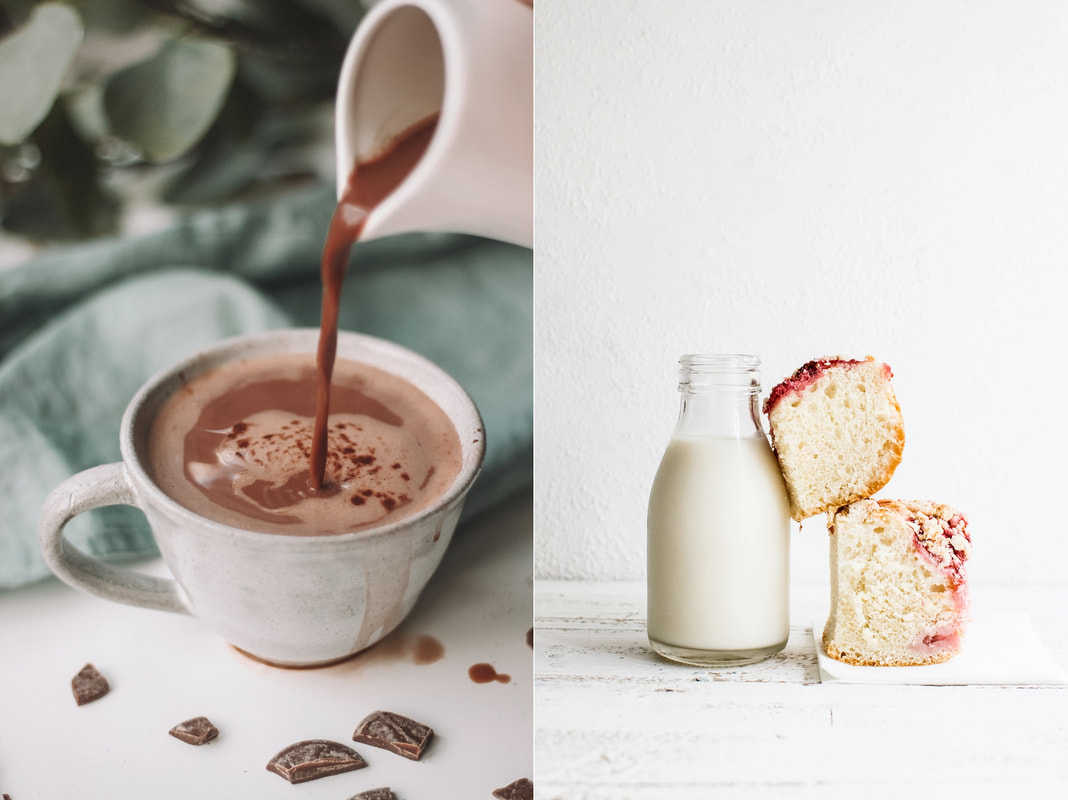 Collage of images of hot chocolate being poured and a mini bottle of milk with cake
