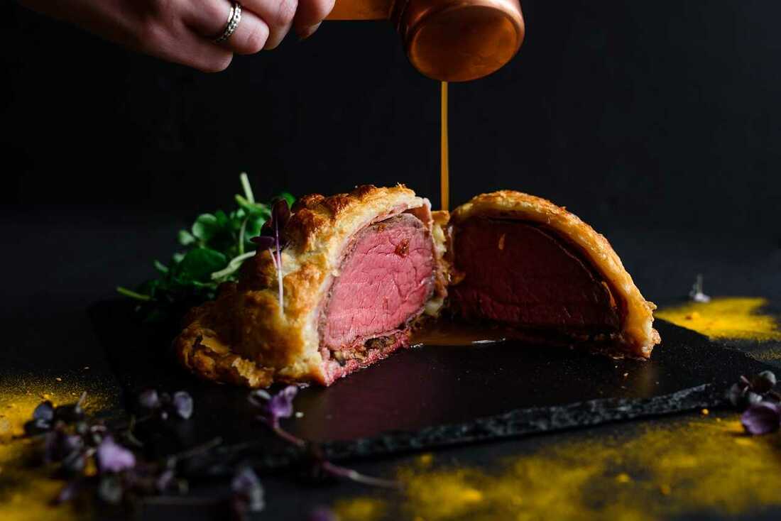 Fine dining at best wedding venue in Hampshire. Beef wellington by luxury caterer Smallpiece