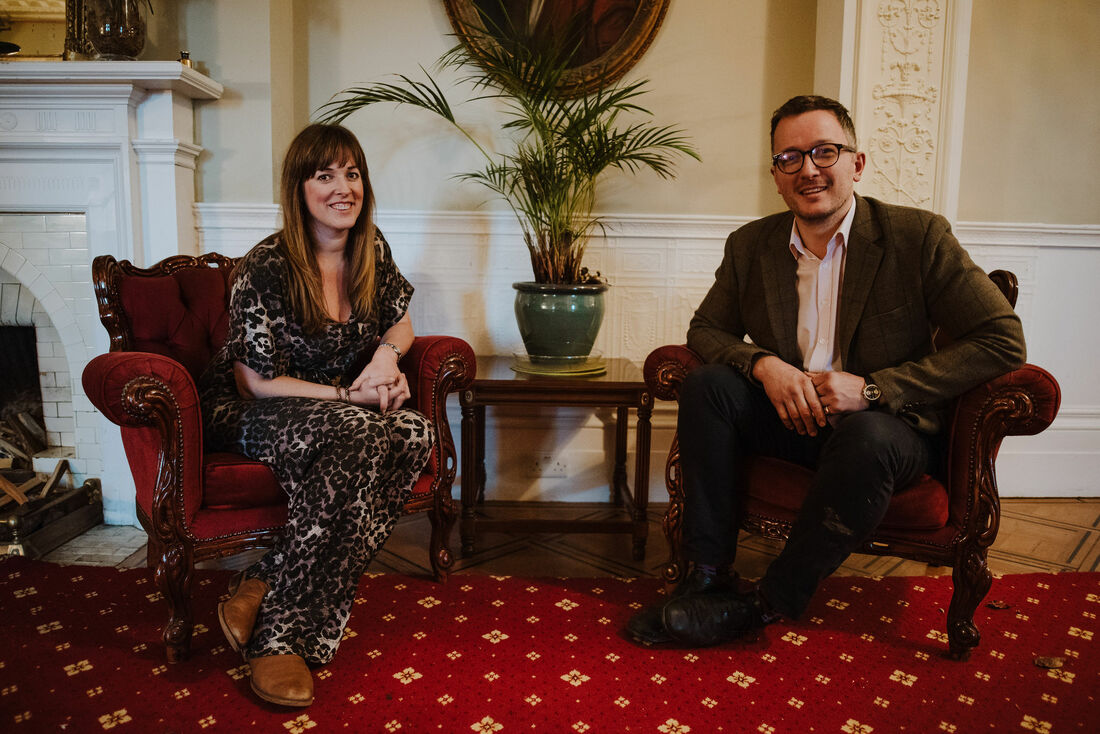 Danielle and Guy Rolfe, your hosts at Penton Park, a luxury wedding venue in Hampshire. Picture taken in the inner hallway of their exclusive use wedding venue.